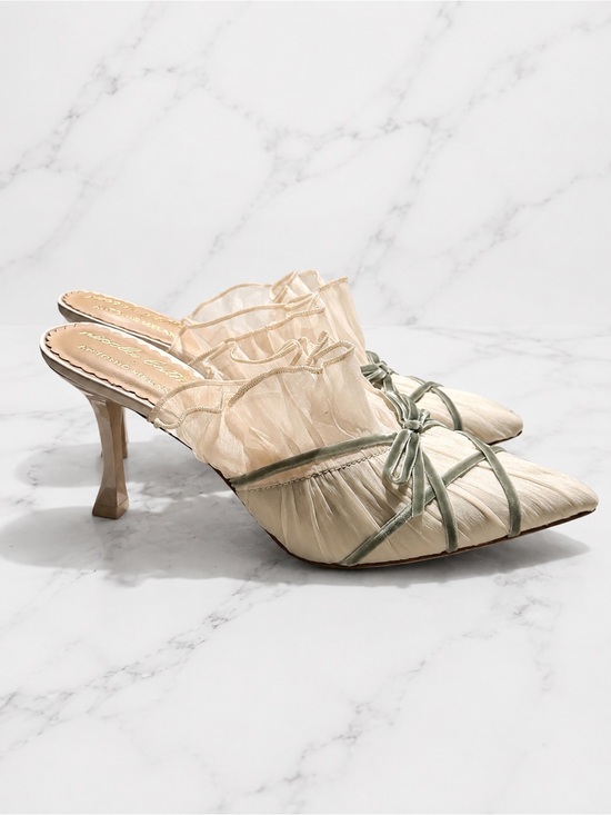 ANTONIO MELANI Shoes - ANTONIO MELANI Cream Satin Ruffle Mule with Sage Bow